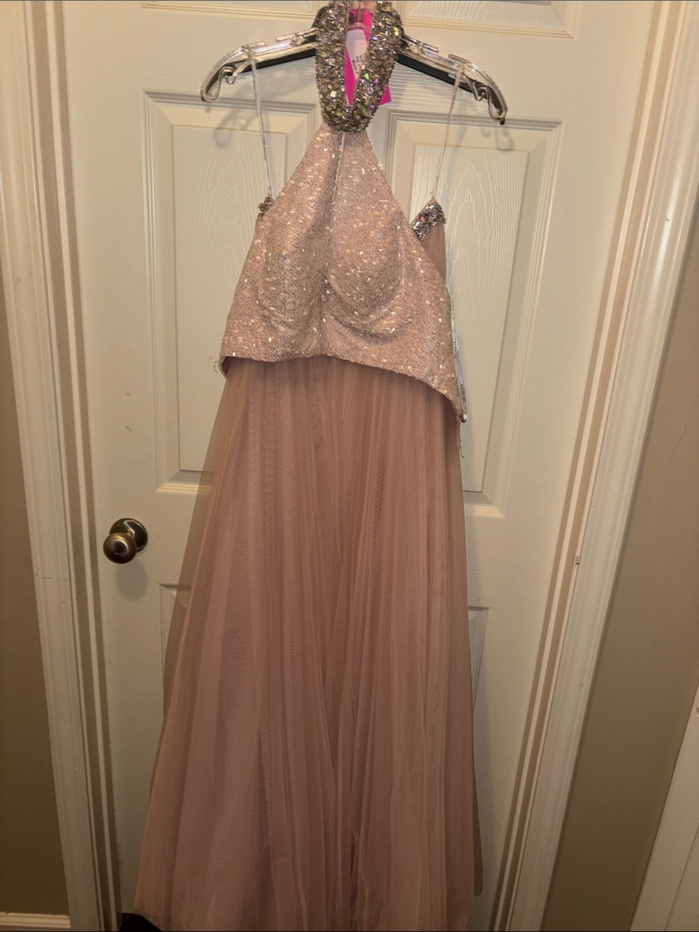 Sherri Hill Dusty Rose Tulle Gown with Beaded V-Neck